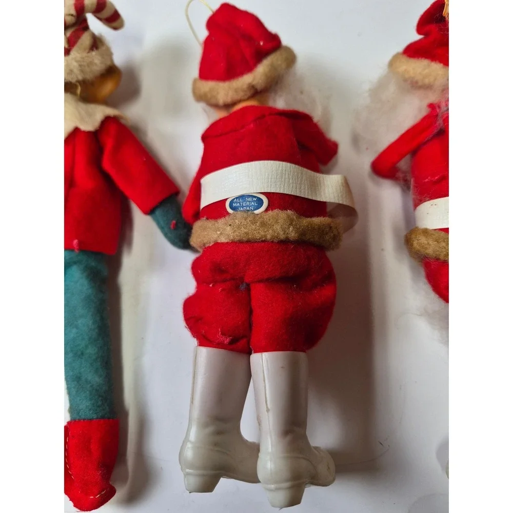 Vintage Rubber Face Felt Santa Elf Christmas Ornaments Lot of 3 Japan Retro MCM